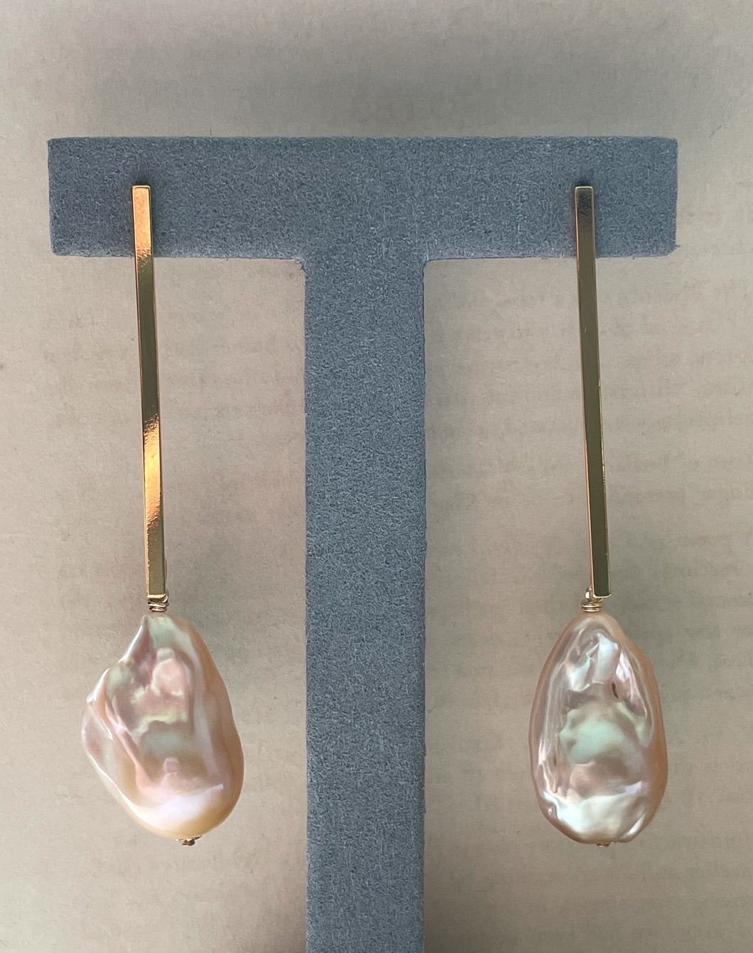 Large Peach Baroque Pearls on Goldplated Long Bars