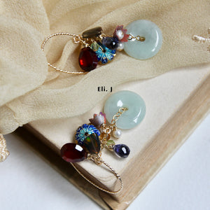 Jade Donuts, Black Opal, Hessonite Garnet, Vintage Flowers 14kGF Earrings