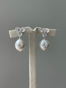 Ivory Pearls on Silver Floral Studs