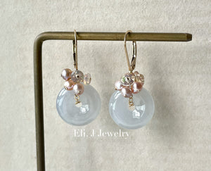 White Type A Jade Donuts, Opal, Pink Pearls 14kGF Earrings