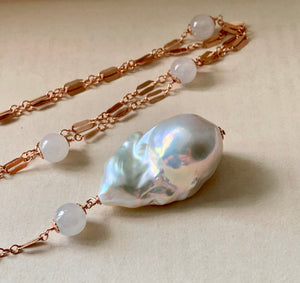 Baroque Pearl & Icy Jade Y-Necklace 14kRGF
