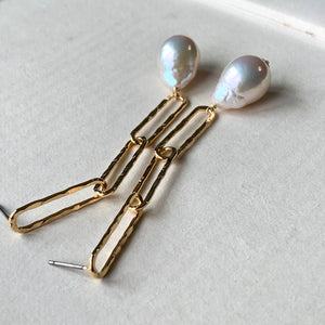 White Pearls & Hammered Gold Link Earrings