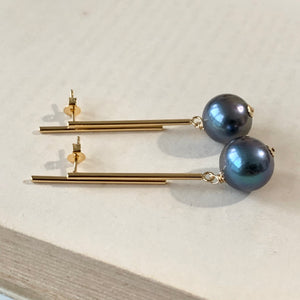 Peacock Blue Freshwater Pearls on Statement Bar Studs