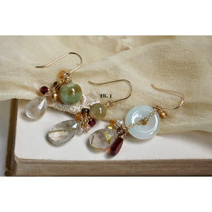 Yellow Jade Trio, Golden Rutile, Gemstone 14kGF Earrings