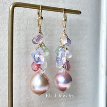 Load image into Gallery viewer, Rainbow Pink Large Edison Pearls, Lavender quartz, Rose Quartz, Pink Topaz 14kGF Earrings
