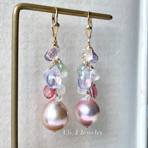 Rainbow Pink Large Edison Pearls, Lavender quartz, Rose Quartz, Pink Topaz 14kGF Earrings