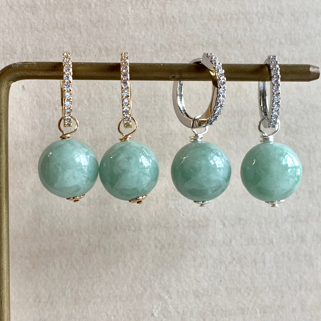 Apple-Green Jade Balls on Gold/Silver Hoops