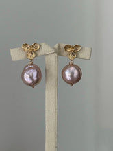 Load image into Gallery viewer, Large Pink-Peach Roundish Edison Pearls on Floral Studs