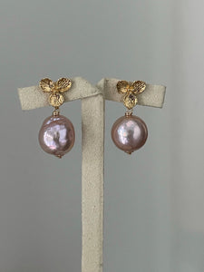 Large Pink-Peach Roundish Edison Pearls on Floral Studs