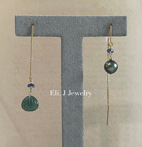 Exclusive to Eli. J: Mini Jade Shell, Tahitian Pearl & Kyanite Threader Earrings