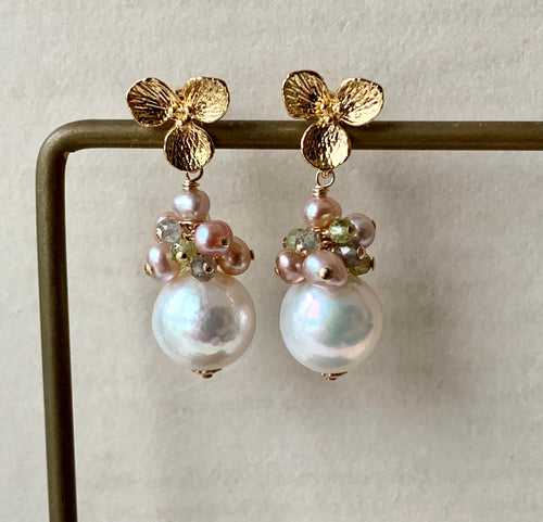 White Round Pearls & Gems Floral Studs