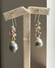 Load image into Gallery viewer, Silver-Blue Tahitian Pearls, Turquoise, Tourmaline 14kGF Earrings