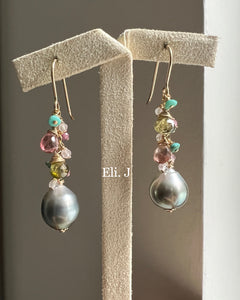 Silver-Blue Tahitian Pearls, Turquoise, Tourmaline 14kGF Earrings