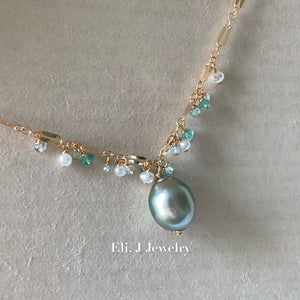 AAA Silver- Mint Tahitian Pearl, Emerald, Aquamarine, White Pearls 14kGF Necklace
