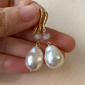 Rainbow Glow White Baroque Pearls, Opal 14kGF Earrings