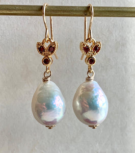 AAA White Edison Pearls & Red Bee 14k Gold Filled Earrings