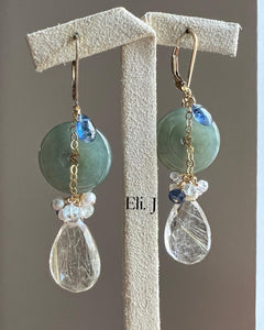 Dark Green Jade Donuts, Golden Rutile, Kyanite 14kGF Earrings