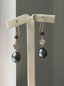 Peacock Tahitian Pearls, Garnet & Daisy 14kGF Earrings
