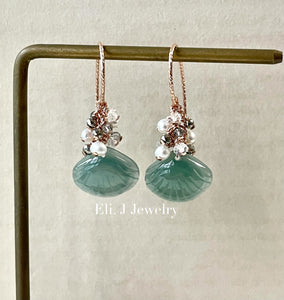 Bluish-Green Jade Shells, Rutile, Pearls & Pyrite 14kGF Earrings
