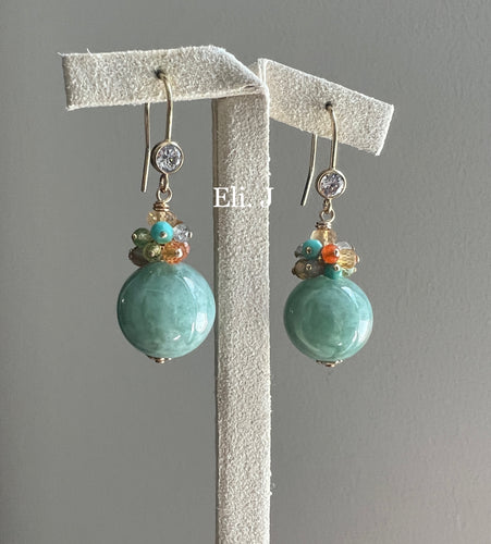 Large Mint Green Jade Balls & Vibrant Gems 14kGF Earrings