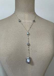 Silver Baroque & Keshi Pearls Y Necklace 925 Silver