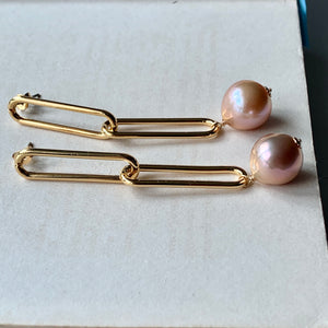 Peach AAA Edison Pearls Long Statement Link Earrings
