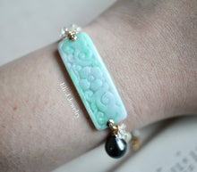 Load image into Gallery viewer, Exclusive to Eli. J: Type A Mint Green Carved Jade Bar Bracelet, Tahitian Pearl, Herkimer Quartz 14kGF
