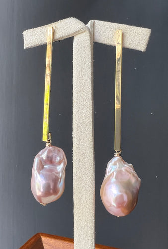Rainbow Peach Baroque Pearls Long Gold Bar Earrings