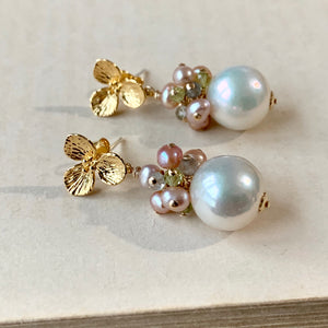 White Round Pearls & Gems Floral Studs