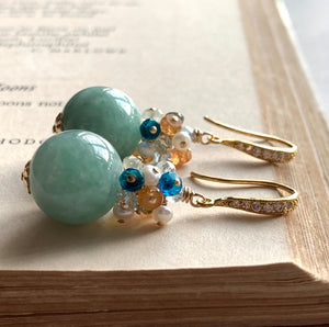 Type A Green Jade Balls & Gemstones Gold Earrings