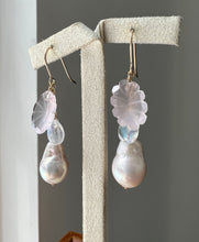 Load image into Gallery viewer, Rose Quartz Flowers, Aurora Edison Pearls, 14kGF Earrings