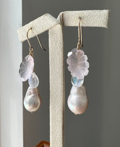 Rose Quartz Flowers, Aurora Edison Pearls, 14kGF Earrings