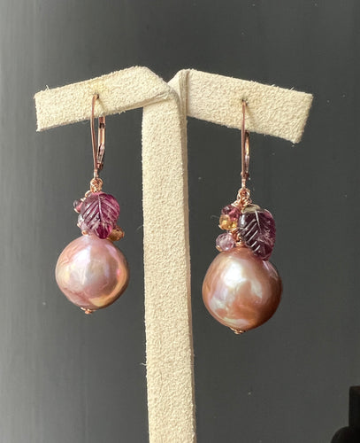 Purple-Cocoa Edison Pearls, Watermelon Tourmaline, Gems 14kRGF Earrings