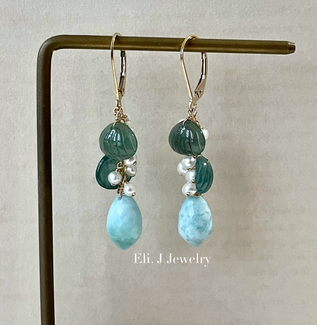 Mini Jade Shells, Larimar, Pearls 14kGF Earrings