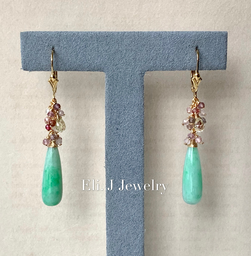 Eli. J Exclusive: Mint Green Type A Jade Drops, Yellow Sapphire, Spinel 14kGF Earrings