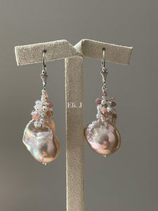 Peach-Gold Baroque Pearls Sunstone Pink Opal 925 Silver Earrings
