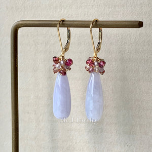 Custom-Cut Lavender Type A Jadeite Drops & Spinel, Pink Tourmaline 14kGF Earrings