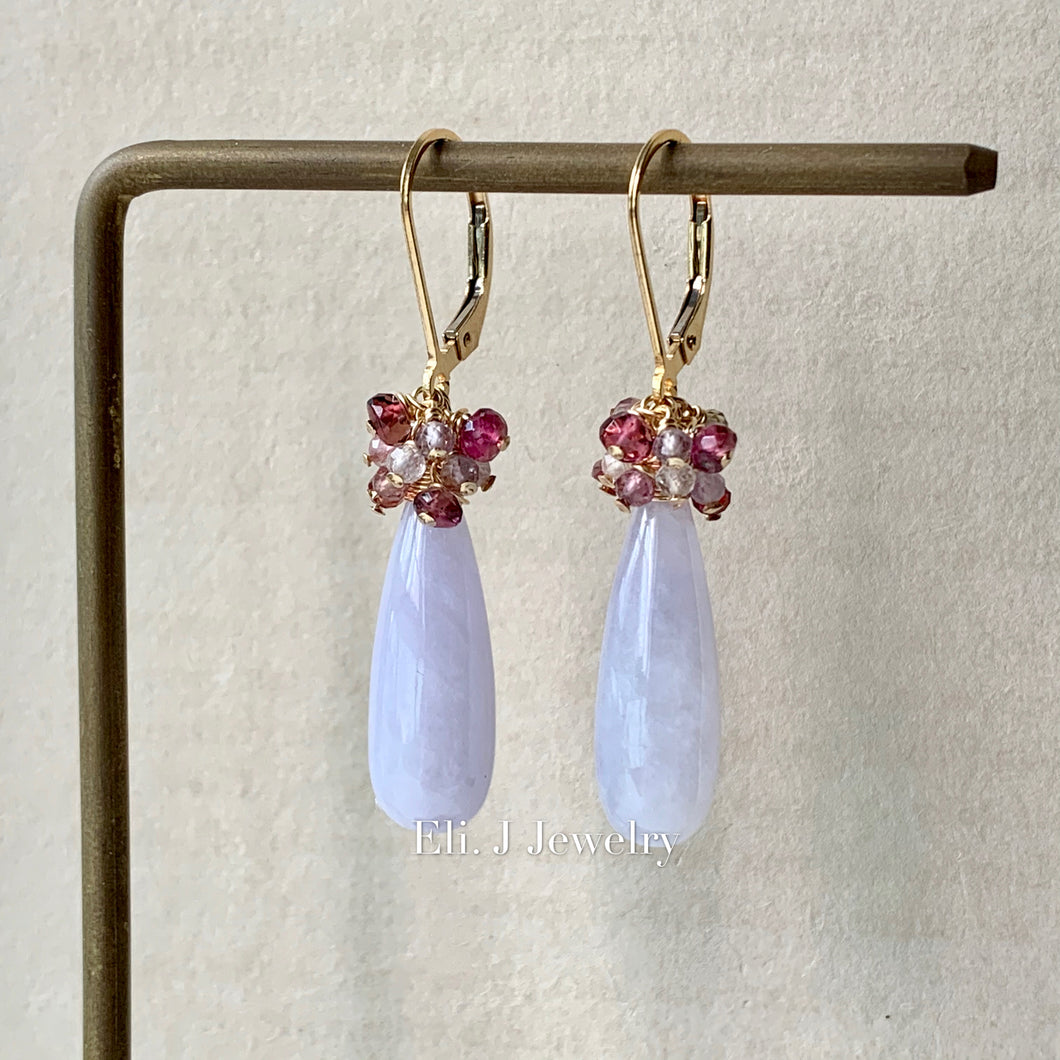 Custom-Cut Lavender Type A Jadeite Drops & Spinel, Pink Tourmaline 14kGF Earrings