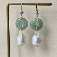 Load image into Gallery viewer, Type A Burmese Green Jade, White Baroque Pearls &amp; Rainbow Moonstone Leaf 14kGF Earringd