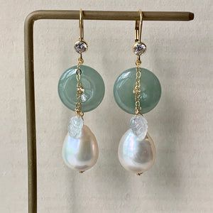 Type A Burmese Green Jade, White Baroque Pearls & Rainbow Moonstone Leaf 14kGF Earringd
