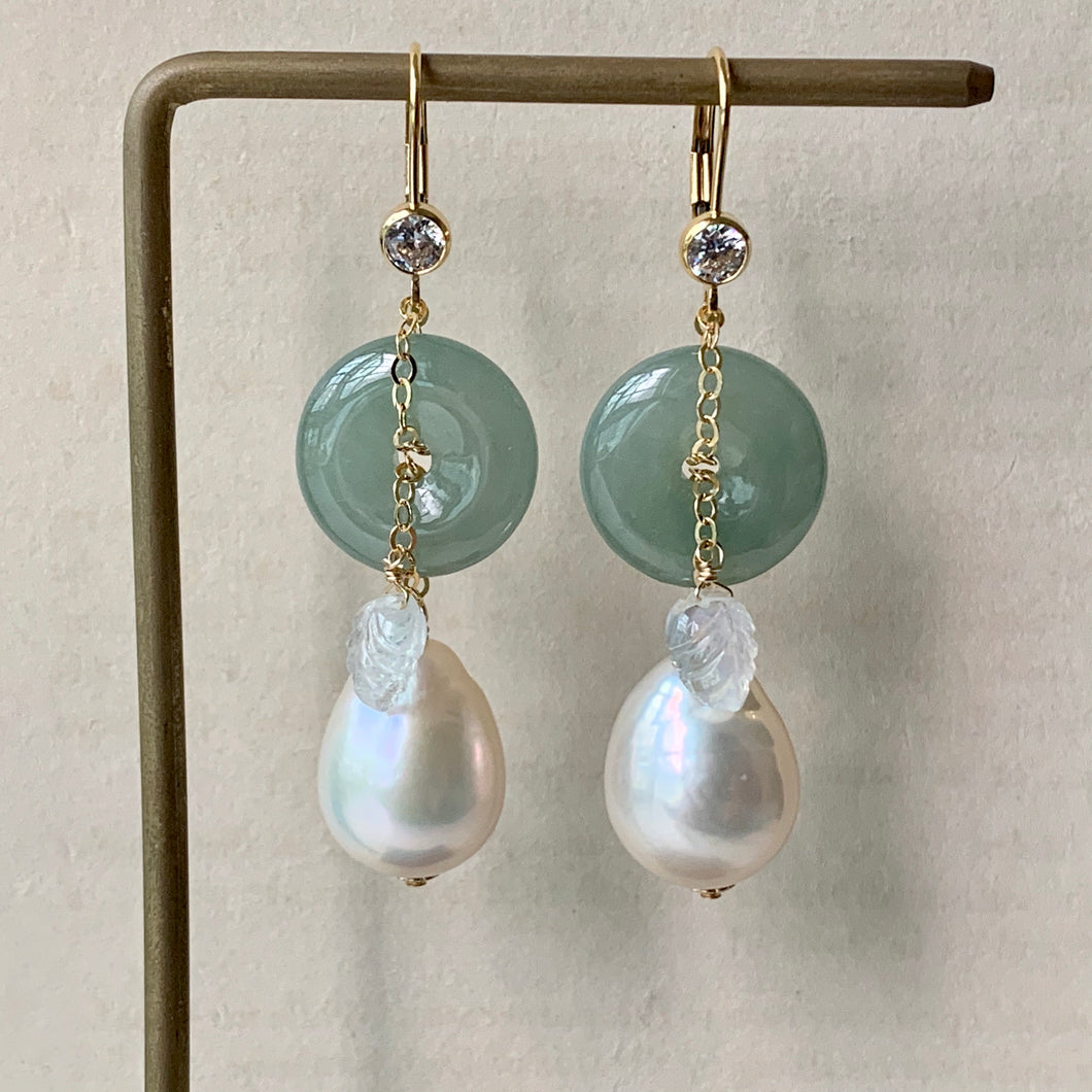 Type A Burmese Green Jade, White Baroque Pearls & Rainbow Moonstone Leaf 14kGF Earringd