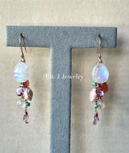 Load image into Gallery viewer, Spring 2: Pink Topaz, Rainbow Moonstone, Rhodocrosite 14kRGF Earrings