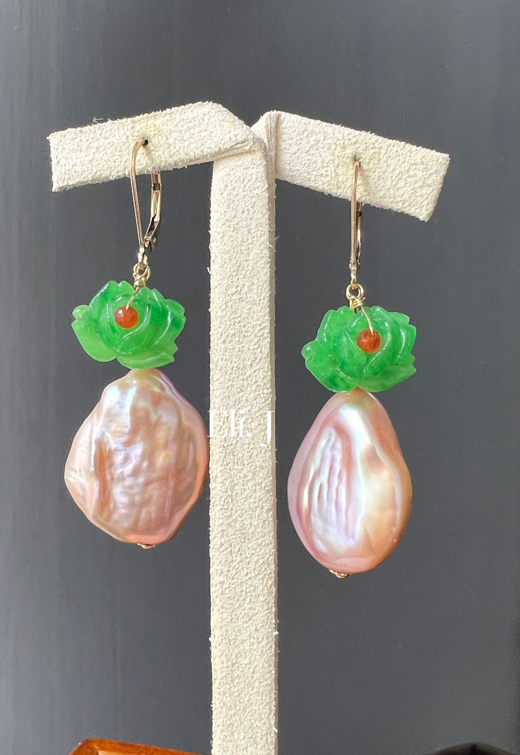 Lana: Large Peach Pearls, Vintage Green Glass Roses 14kGF Earrings