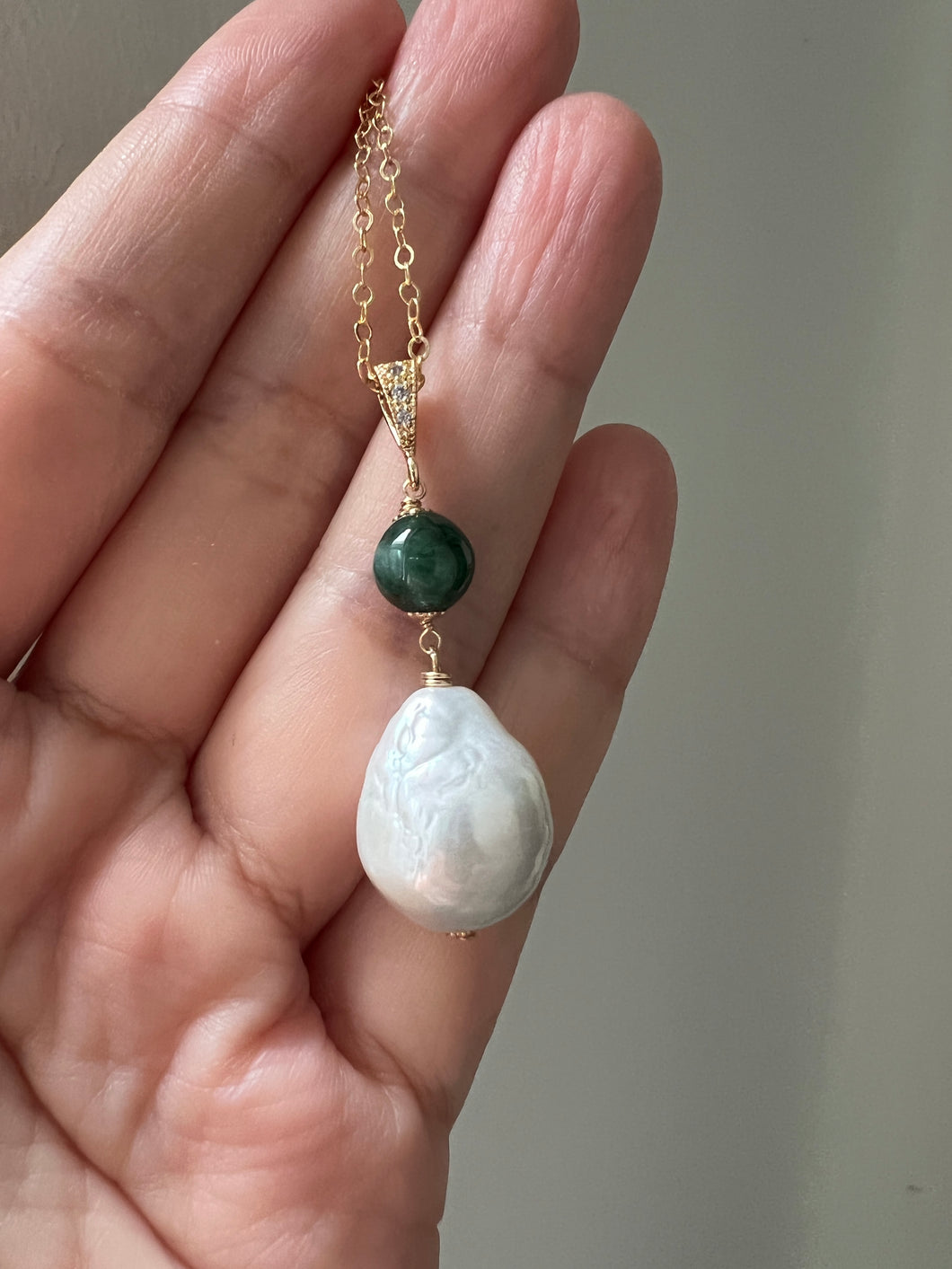 Dark Green Jade & Ivory Pearl 14kGF Necklace