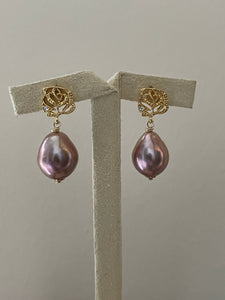 Purple Edison Drop Pearls on Rose Studs