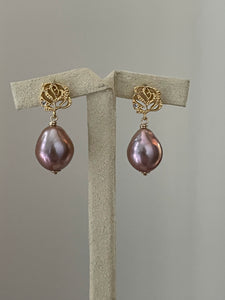 Purple Edison Drop Pearls on Rose Studs