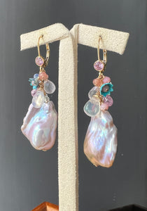 Pink Baroque Pearls, Rainbow Moonstone, Vtg Flowers 14kGF Earrings