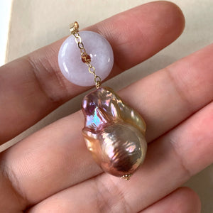 Type A Lavender Jade & AAA Purple-Peach Baroque Pearl Pendant 14kGF