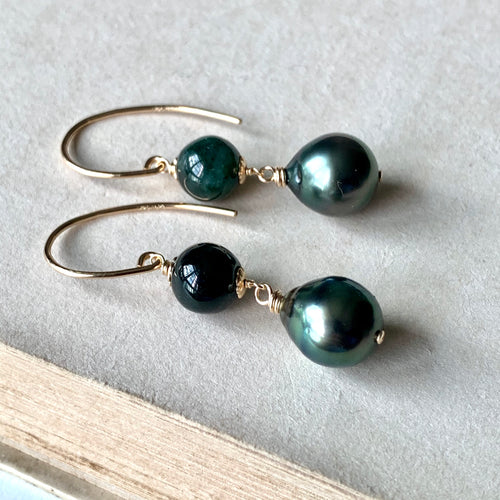 AAA Peacock Blue Tahitian Pearls Type A Deep Green Jade 14kGF