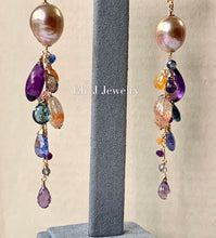 Load image into Gallery viewer, Peach Edison Pearls, Amethyst, London Blue Topaz, Sunstone, Etc Cascade 14kGF Earrings